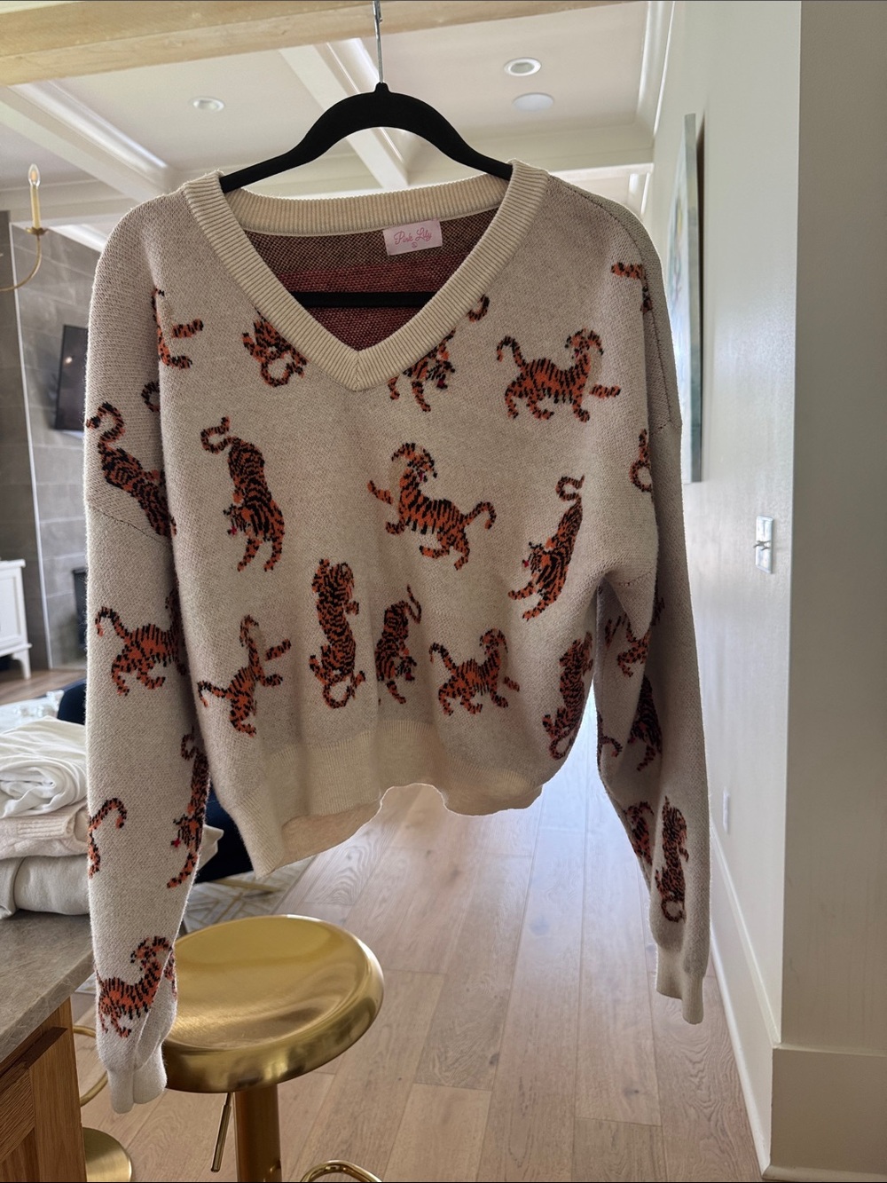 Pink Lily Beige V-Neck Sweater with Orange Tiger Motif